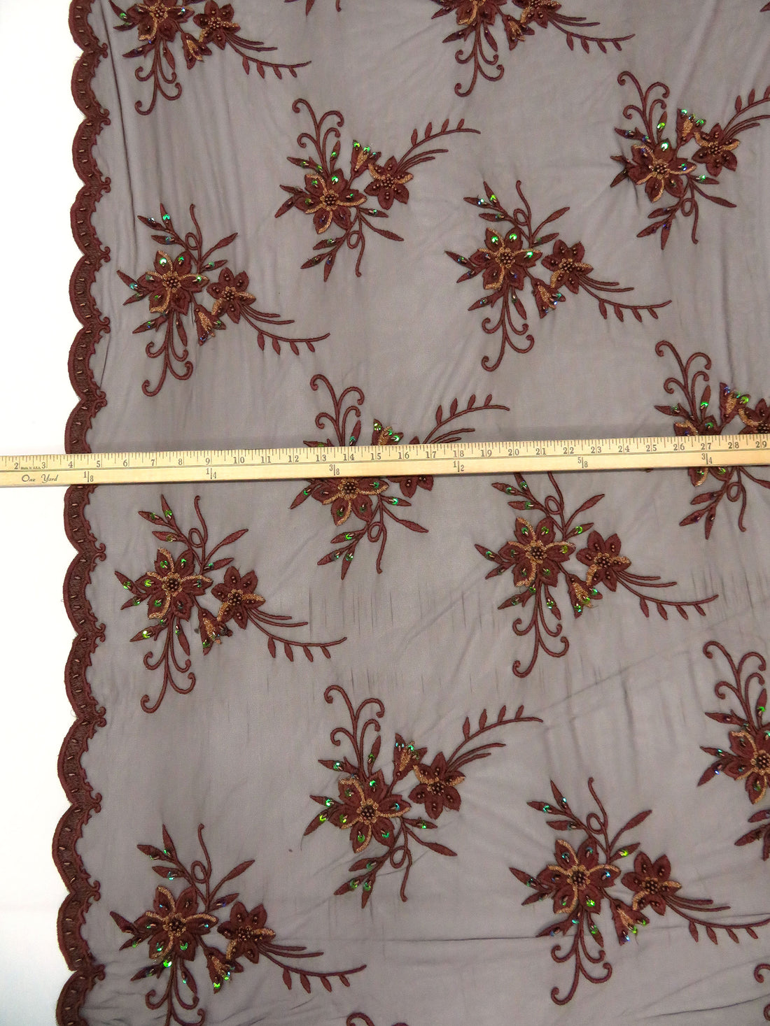 Chocolate/Golden Brown 100% Nylon Scalloped Double Border Embroidered Floral & Bead Netting 49W