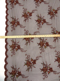 Chocolate/Golden Brown 100% Nylon Scalloped Double Border Embroidered Floral & Bead Netting 49W