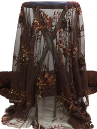Chocolate/Golden Brown 100% Nylon Scalloped Double Border Embroidered Floral & Bead Netting 49W