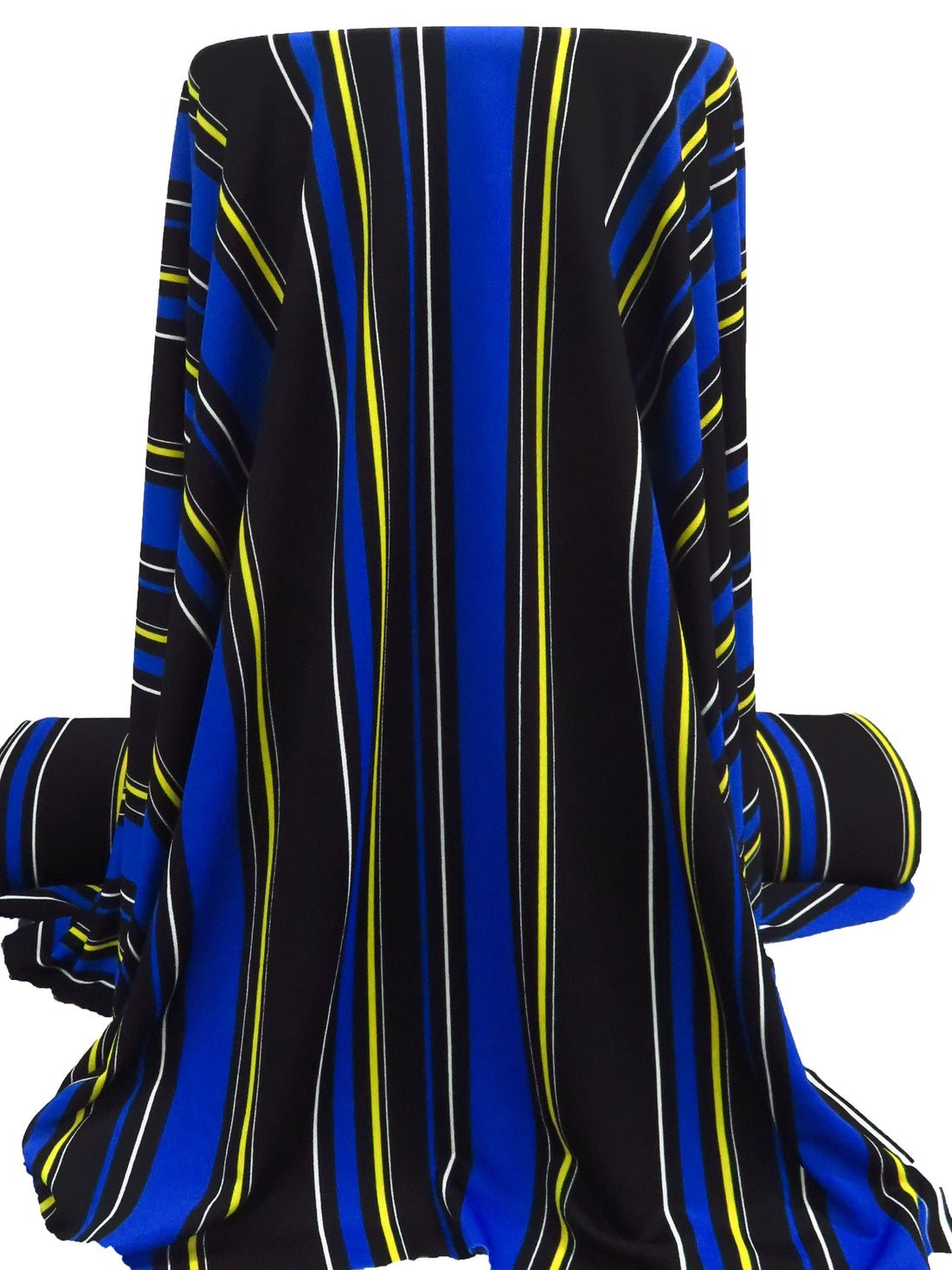 Black/Rich Blue/White/Middle Yellow Polyester/Lycra Vertical Stripe Print Crepe Double Knit 56W