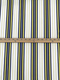 White/Old Gold/Midnight Navy Cotton/Lycra Vertical Stripe Print Stretch Poplin Shirting 56W