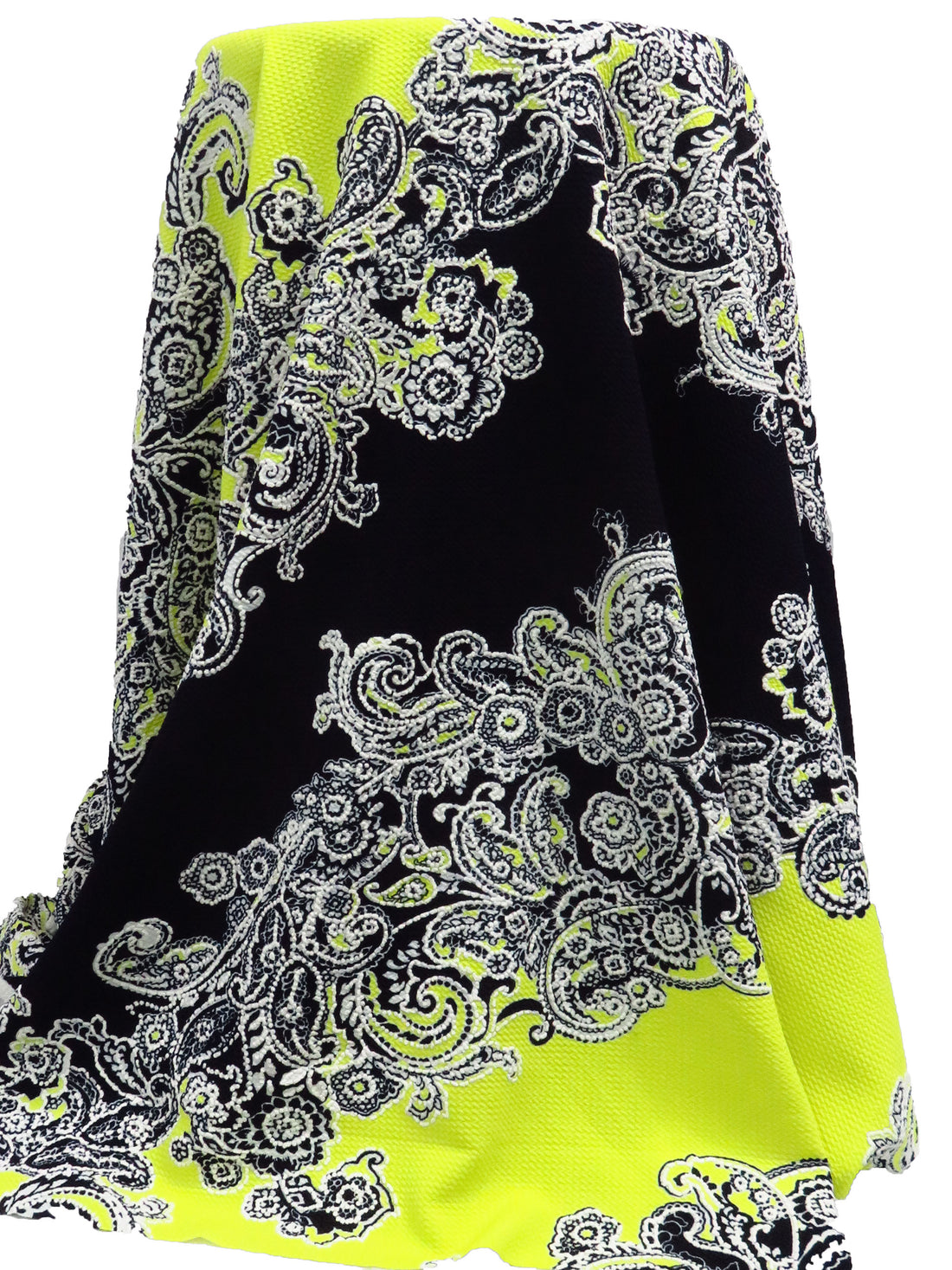 Black/White/Bitter Lemon Polyester/Lycra Diagonal Floral Paisley Puff Print Liverpool Double Knit 56W