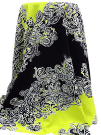 Black/White/Bitter Lemon Polyester/Lycra Diagonal Floral Paisley Puff Print Liverpool Double Knit 56W