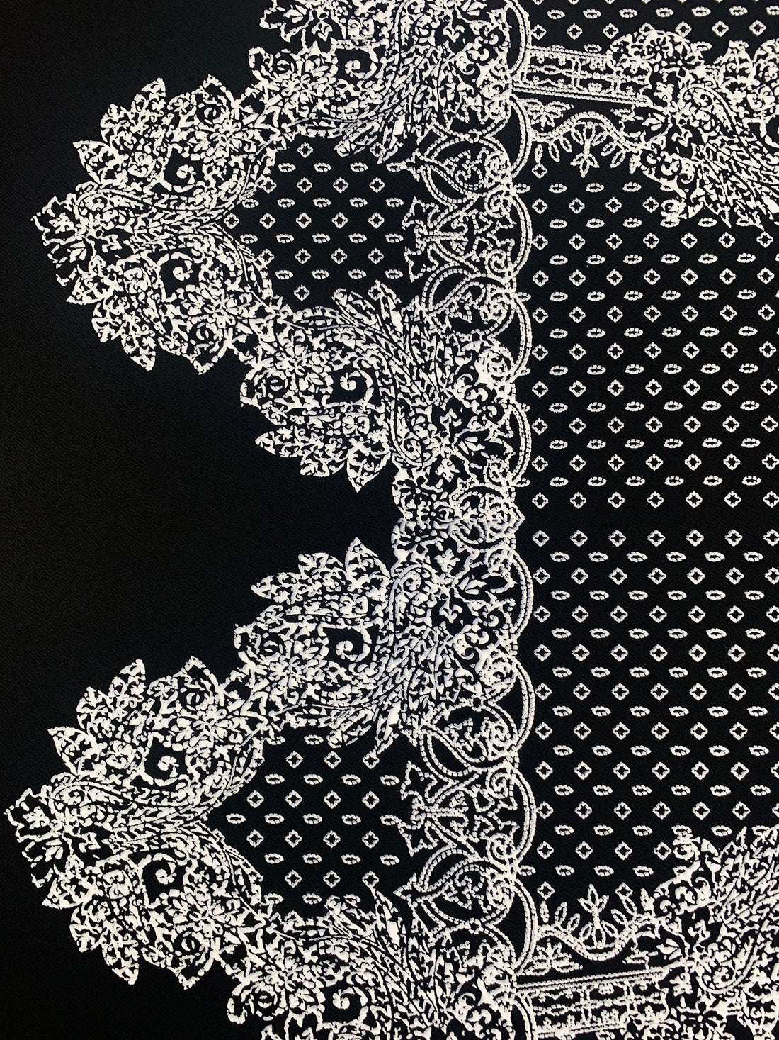 Black/White/Light Slate Polyester/Lycra Large Single Border Ornate Puff Print Liverpool Double Knit 56W