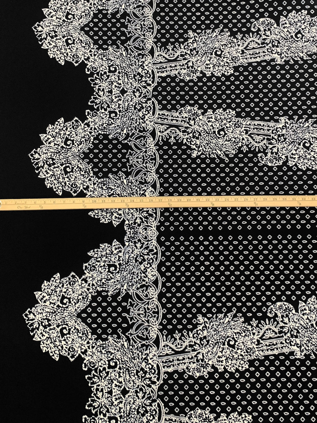 Black/White/Light Slate Polyester/Lycra Large Single Border Ornate Puff Print Liverpool Double Knit 56W