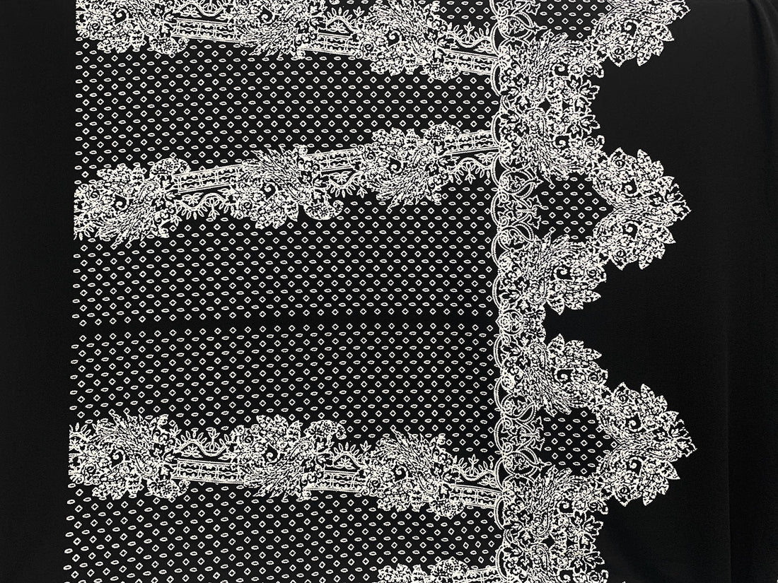 Black/White/Light Slate Polyester/Lycra Large Single Border Ornate Puff Print Liverpool Double Knit 56W