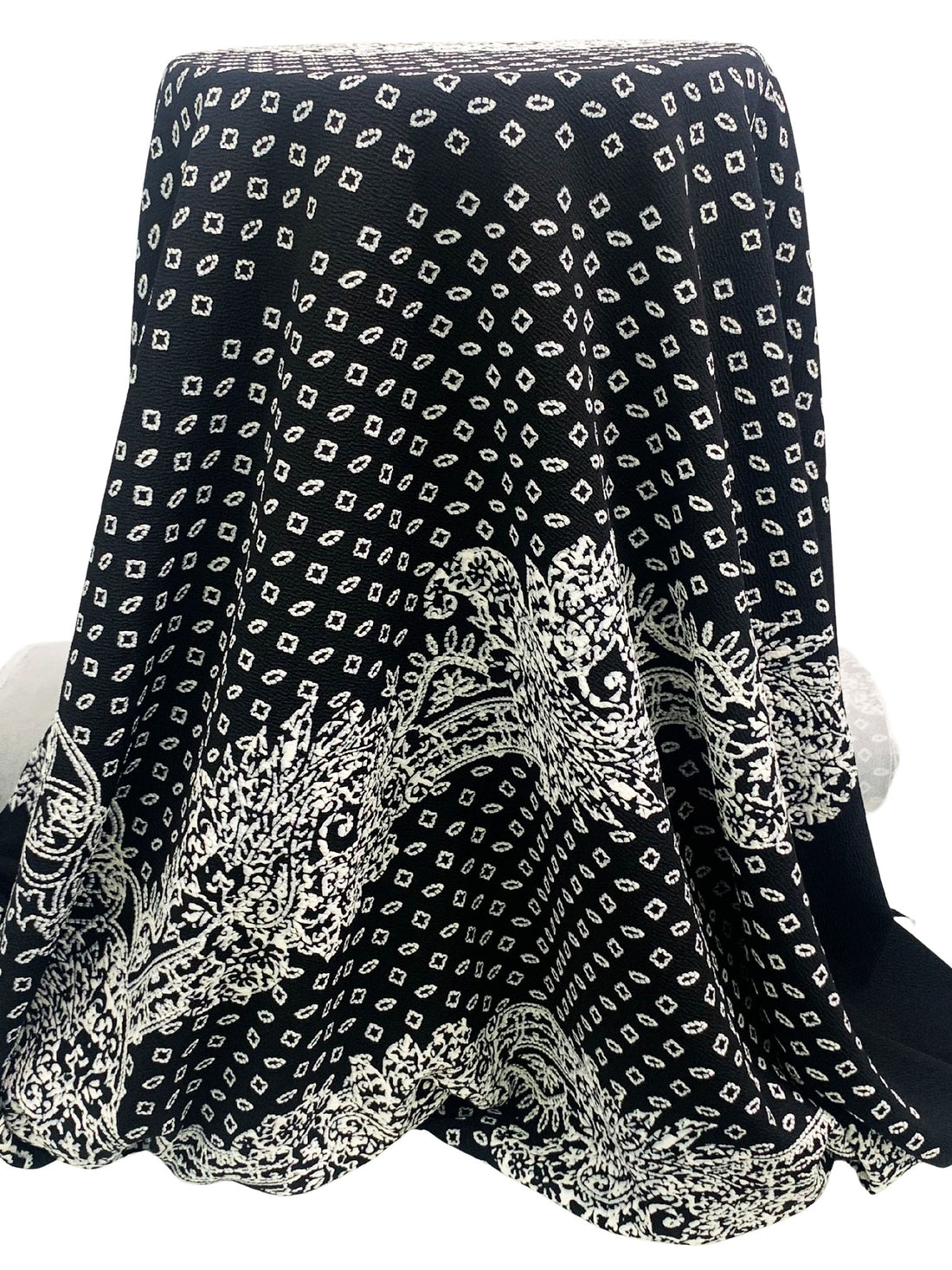 Black/White/Light Slate Polyester/Lycra Large Single Border Ornate Puff Print Liverpool Double Knit 56W