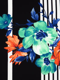 Black/Seafoam/Dark Cerulean/Multi Polyester/Lycra Double Border Floral On Stripe Print Scuba Knit 56W