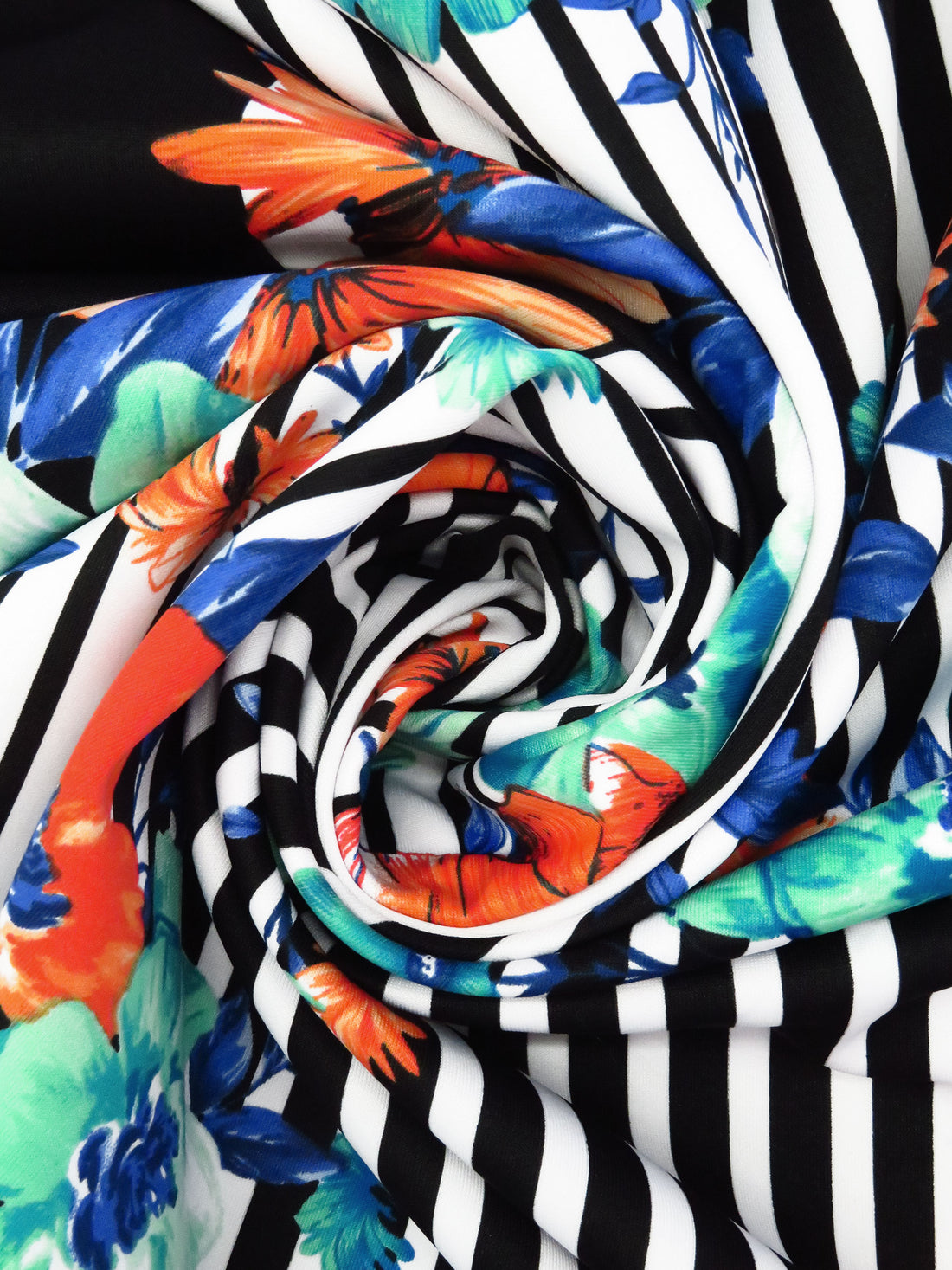 Black/Seafoam/Dark Cerulean/Multi Polyester/Lycra Double Border Floral On Stripe Print Scuba Knit 56W