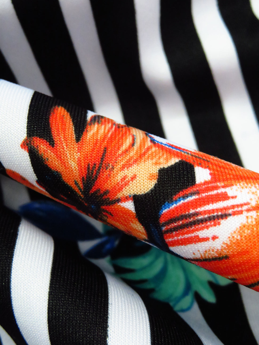 Black/Seafoam/Dark Cerulean/Multi Polyester/Lycra Double Border Floral On Stripe Print Scuba Knit 56W