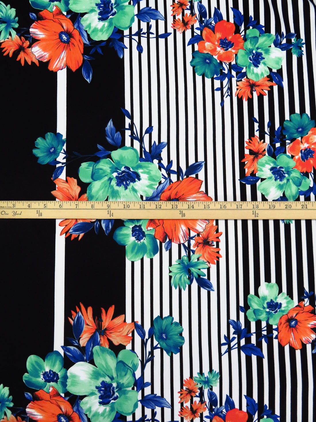 Black/Seafoam/Dark Cerulean/Multi Polyester/Lycra Double Border Floral On Stripe Print Scuba Knit 56W