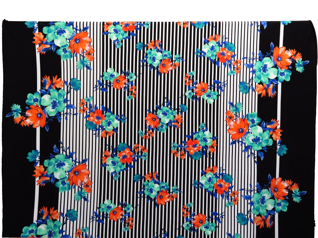 Black/Seafoam/Dark Cerulean/Multi Polyester/Lycra Double Border Floral On Stripe Print Scuba Knit 56W