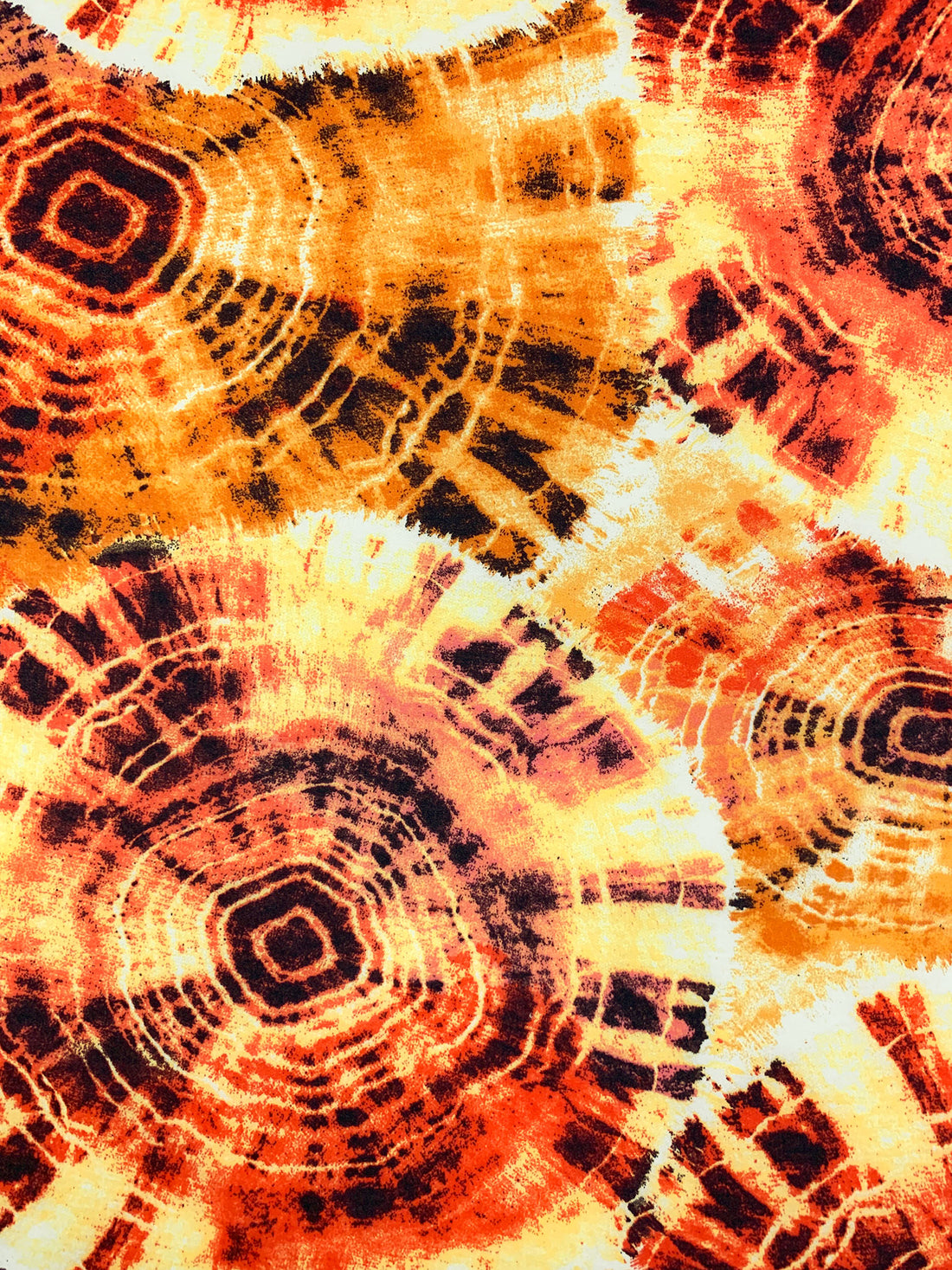 Tangerine/Soft Yellow/Black Polyester/Rayon/Lycra Abstract Bursts Print French Terry Knit 56W