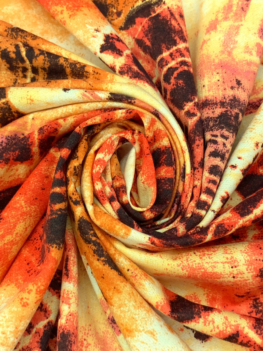 Tangerine/Soft Yellow/Black Polyester/Rayon/Lycra Abstract Bursts Print French Terry Knit 56W