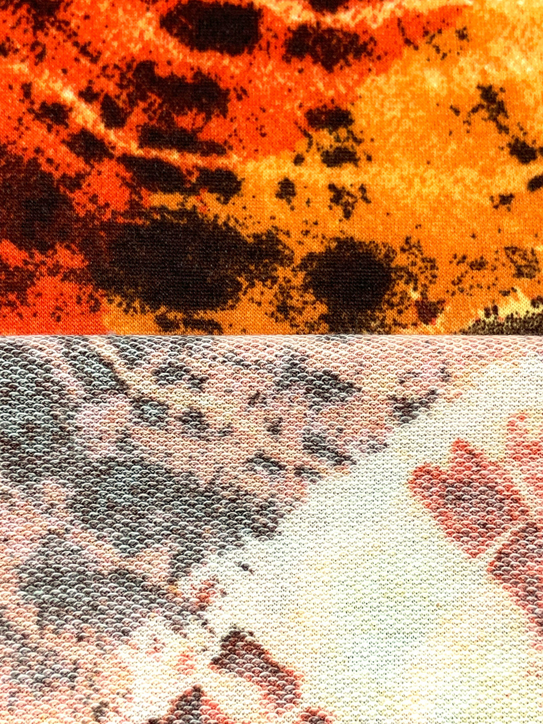 Tangerine/Soft Yellow/Black Polyester/Rayon/Lycra Abstract Bursts Print French Terry Knit 56W