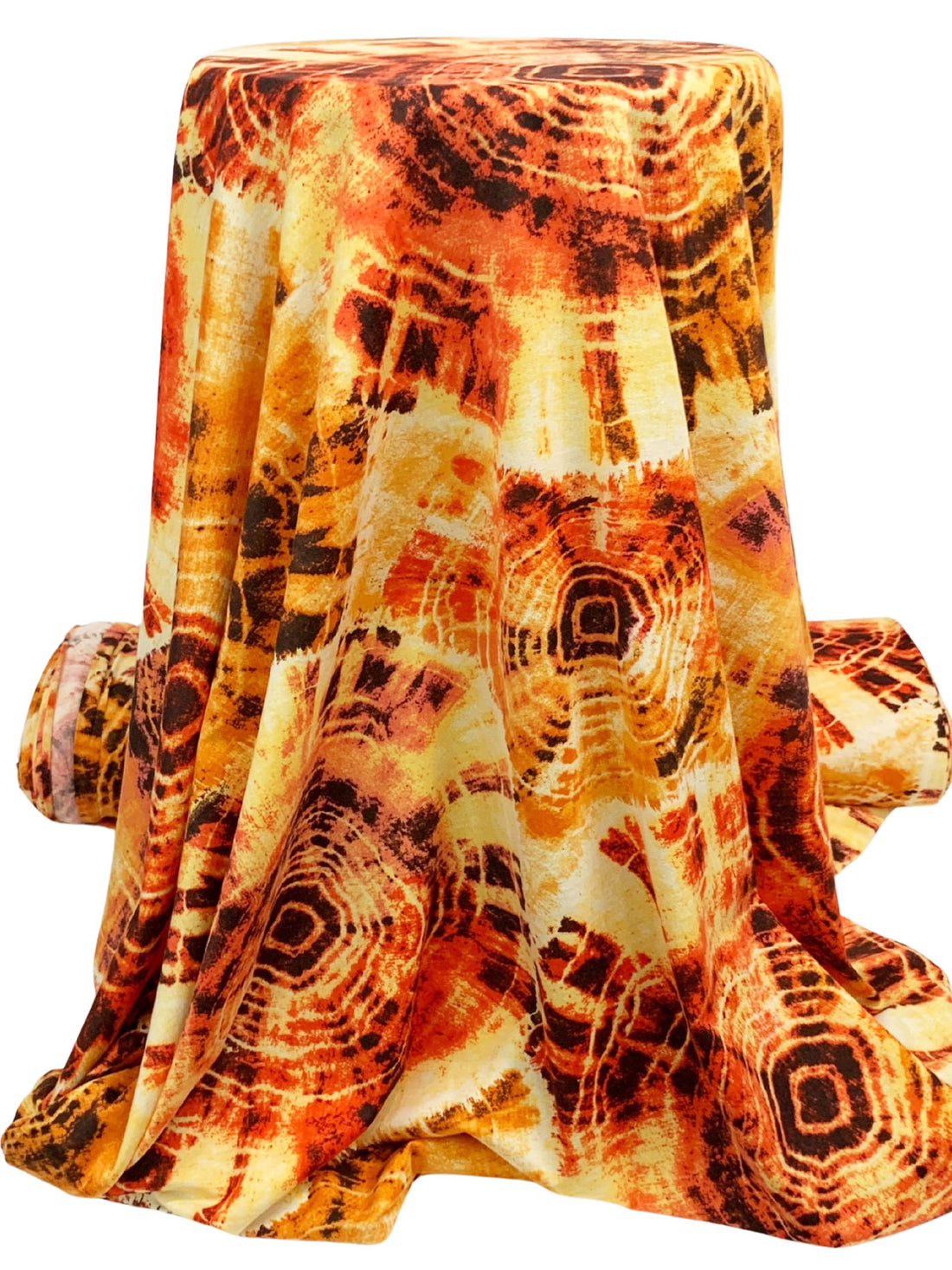Tangerine/Soft Yellow/Black Polyester/Rayon/Lycra Abstract Bursts Print French Terry Knit 56W