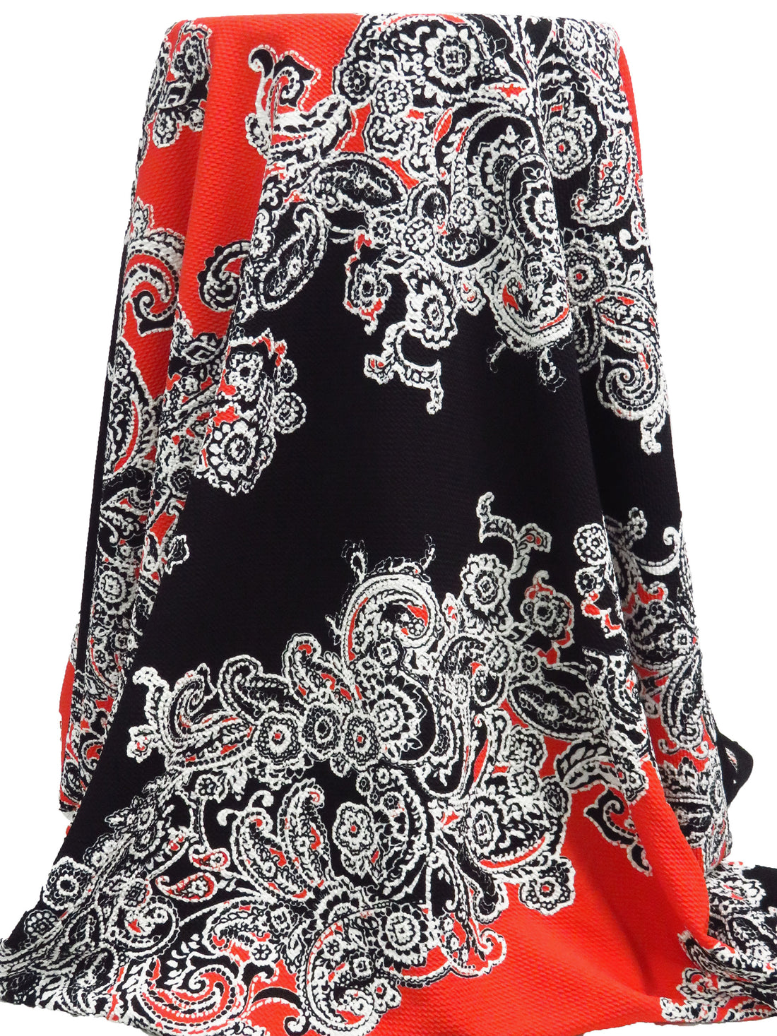 Black/White/Poppy Polyester/Lycra Diagonal Floral Paisley Puff Print Liverpool Double Knit 56W