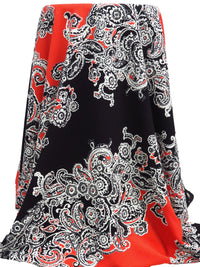 Black/White/Poppy Polyester/Lycra Diagonal Floral Paisley Puff Print Liverpool Double Knit 56W