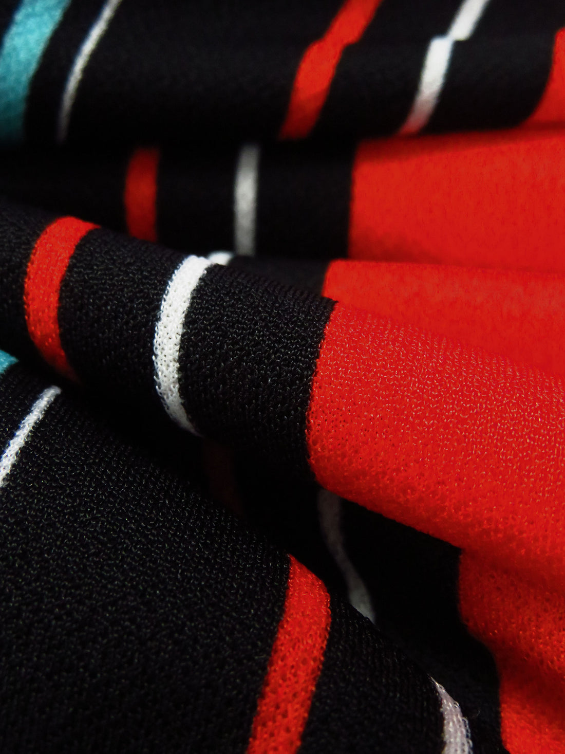 Black/Maximum red/White/Aqua Polyester/Lycra Vertical Stripe Print Crepe Double Knit 56W