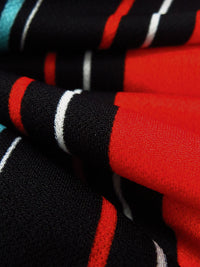Black/Maximum red/White/Aqua Polyester/Lycra Vertical Stripe Print Crepe Double Knit 56W