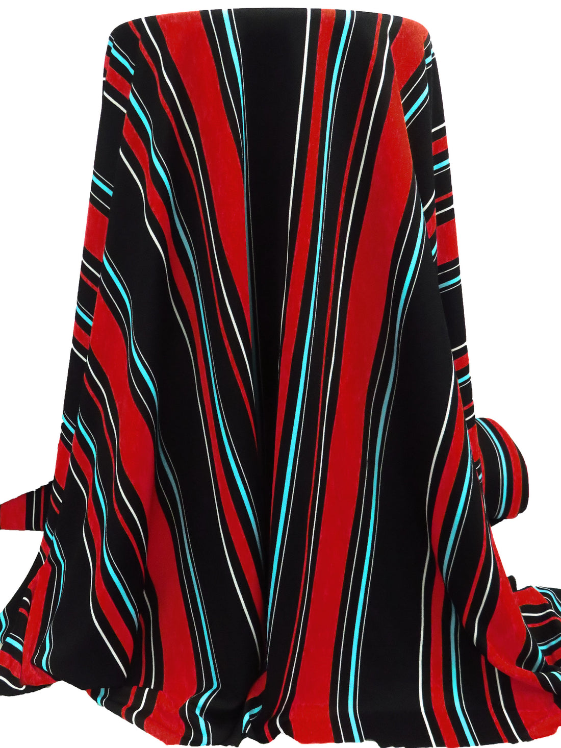 Black/Maximum red/White/Aqua Polyester/Lycra Vertical Stripe Print Crepe Double Knit 56W
