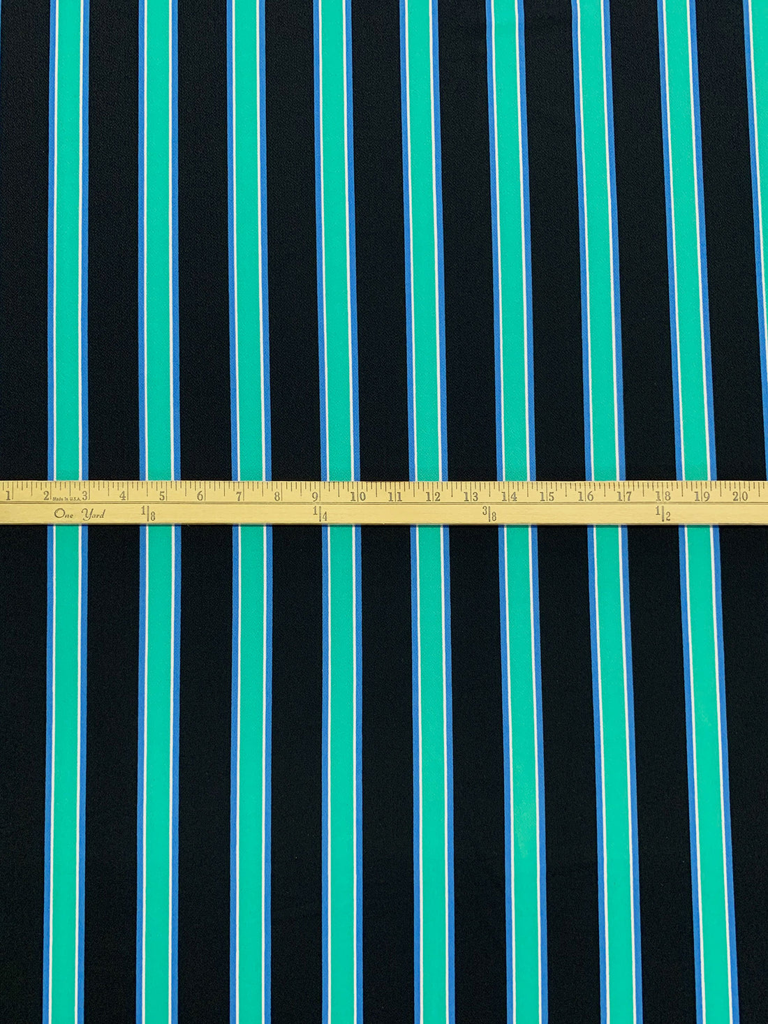 Sea Green/Black/True Blue/White Polyester/Lycra Vertical Stripe Print Crepe Double Knit 58W