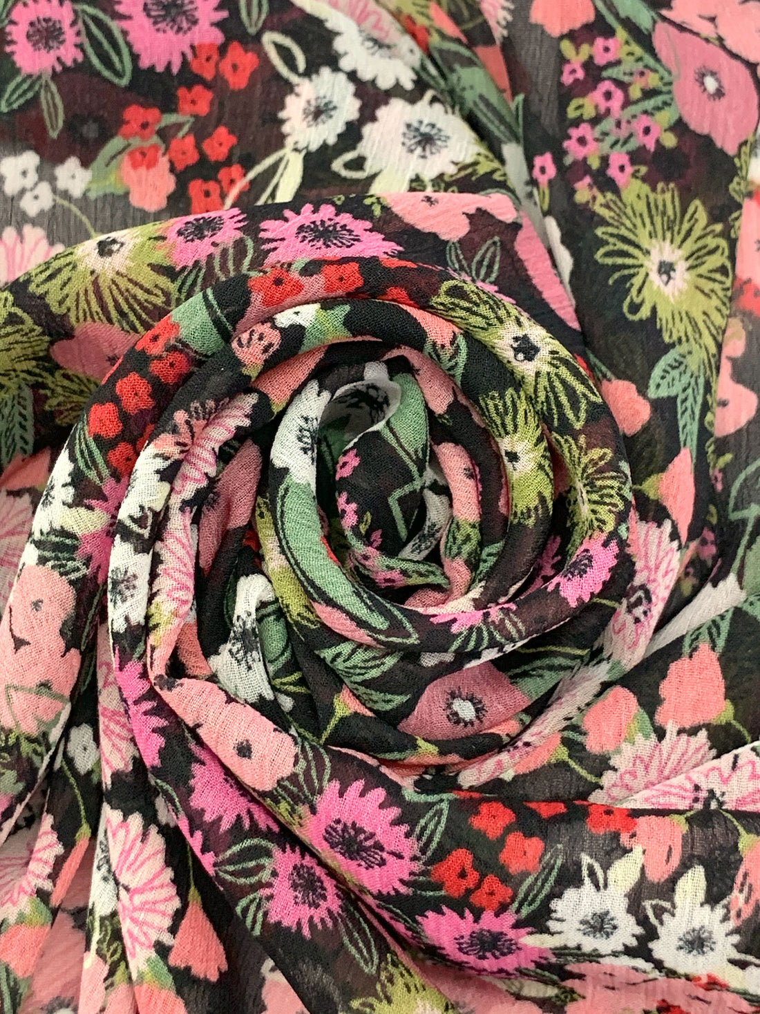 Salmon Rose/Off-White/Black/Multi 100% Polyester Floral Print Crinkle Chiffon 56W