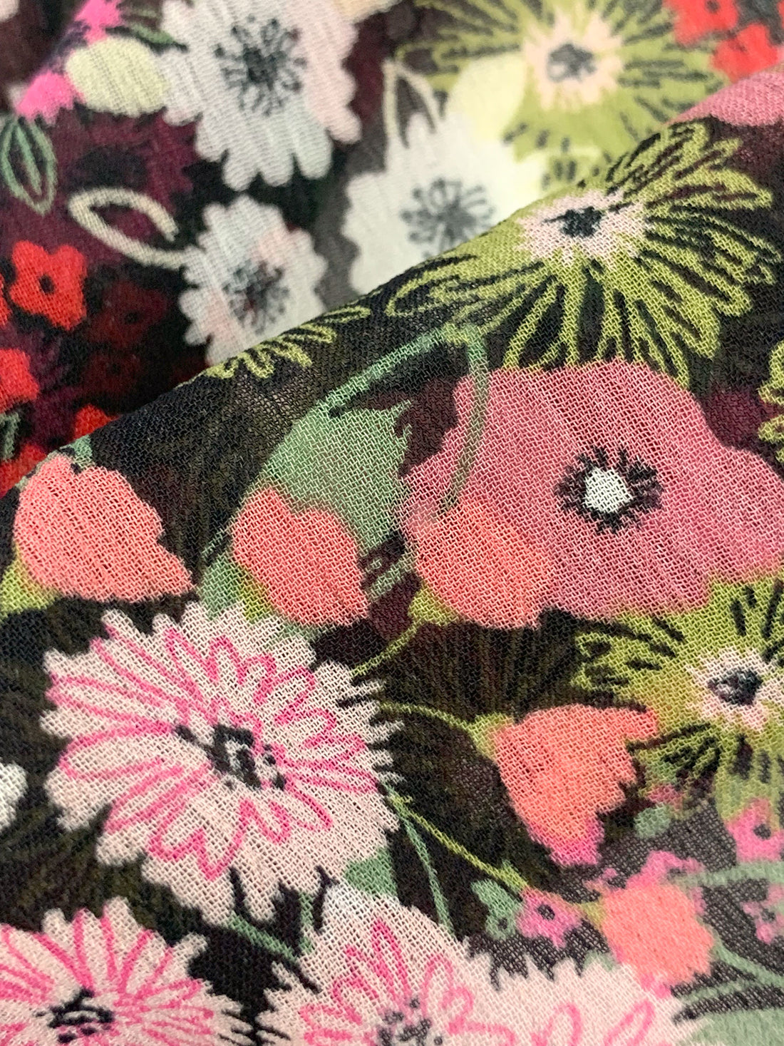 Salmon Rose/Off-White/Black/Multi 100% Polyester Floral Print Crinkle Chiffon 56W