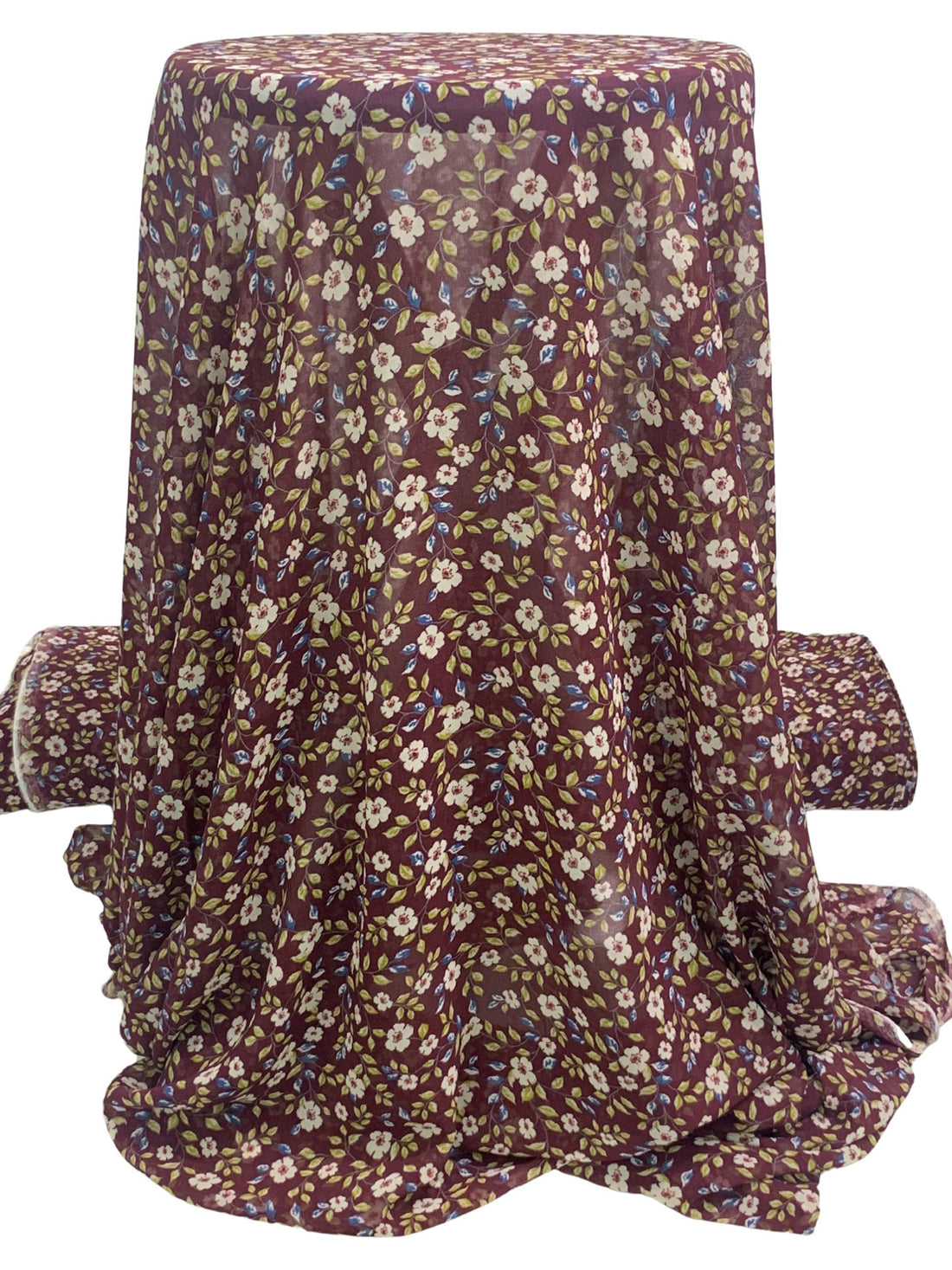 Antique Burgundy/Dark Cerulean/Brass/White 100% Polyester Floral Print Crepe Chiffon 56W