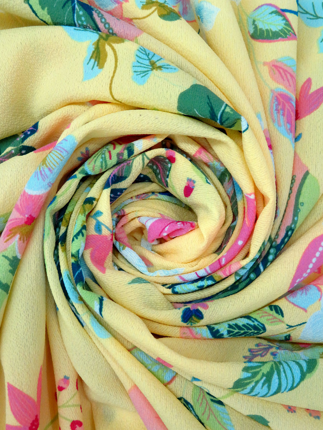 Jasmine Yellow/French Pink/Pale Blue/Multi 100% Polyester Exotic Floral Print Bubble Crepe 56W
