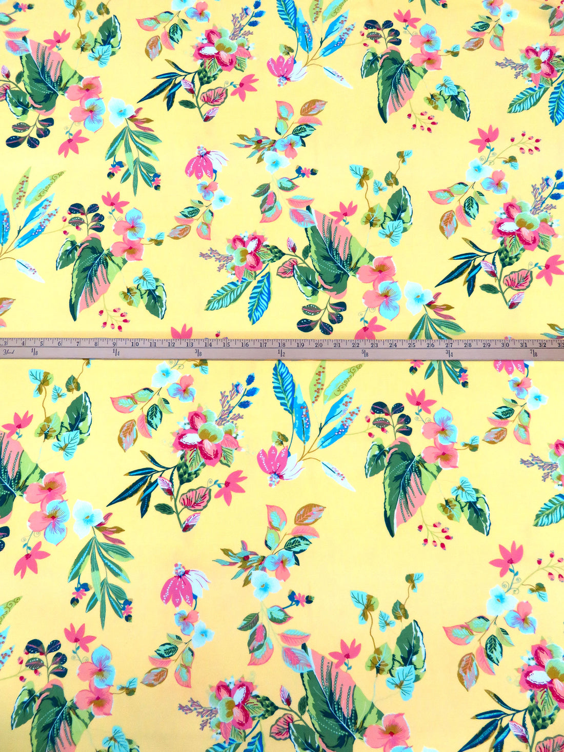 Jasmine Yellow/French Pink/Pale Blue/Multi 100% Polyester Exotic Floral Print Bubble Crepe 56W