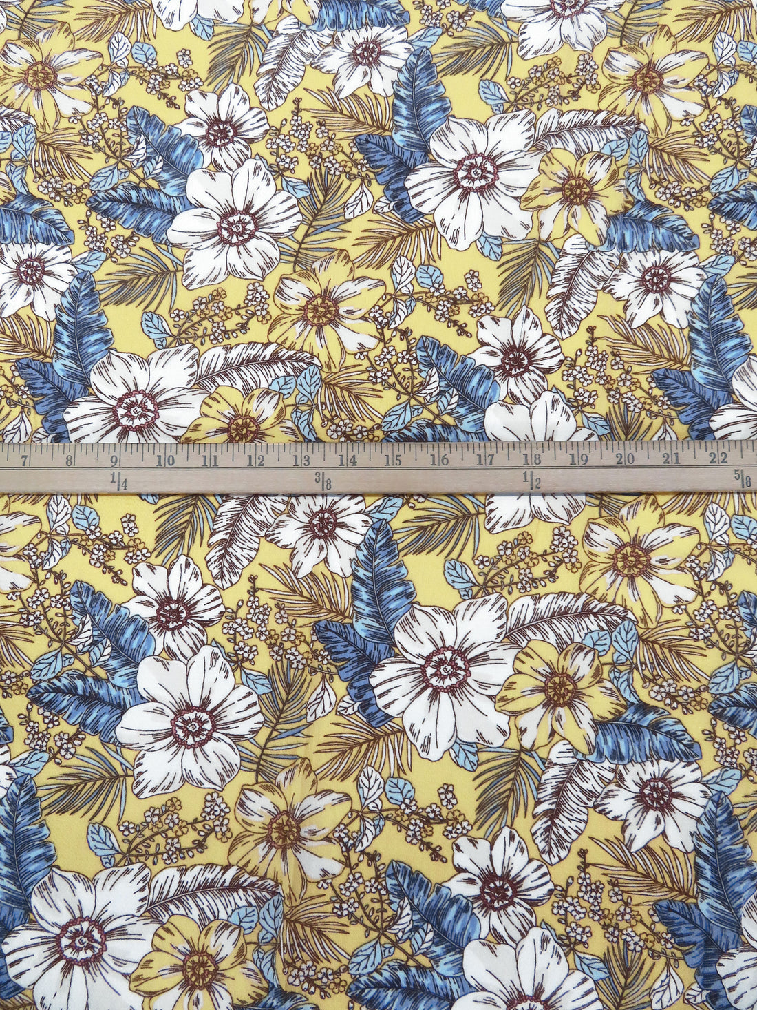 Butter/Cornflower/White/Multi 100% Polyester Tropical Floral Print Bubble Crepe 56W