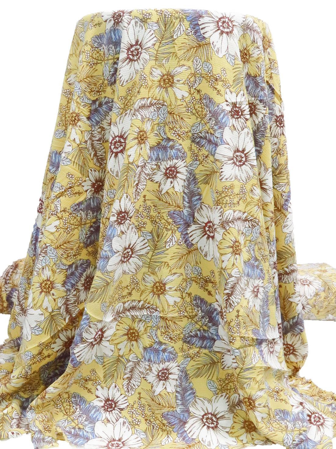 Butter/Cornflower/White/Multi 100% Polyester Tropical Floral Print Bubble Crepe 56W