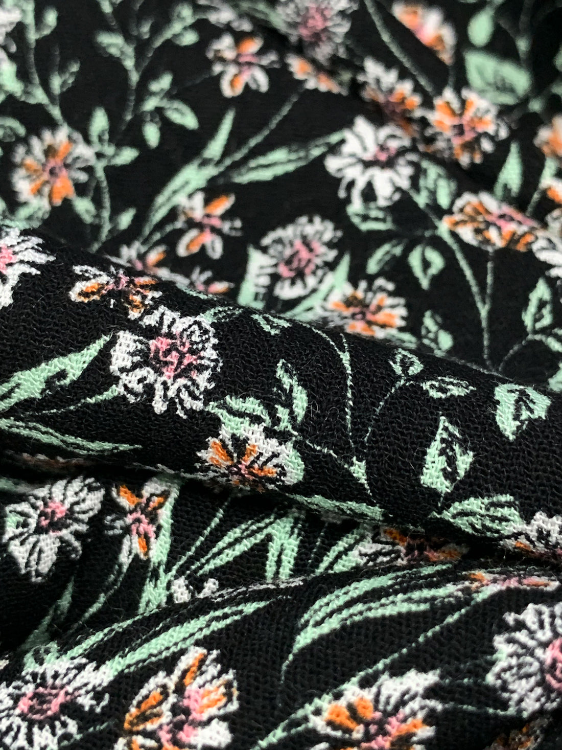 Black/White/Copper 100% Rayon Floral Print Crinkle Challis 56W