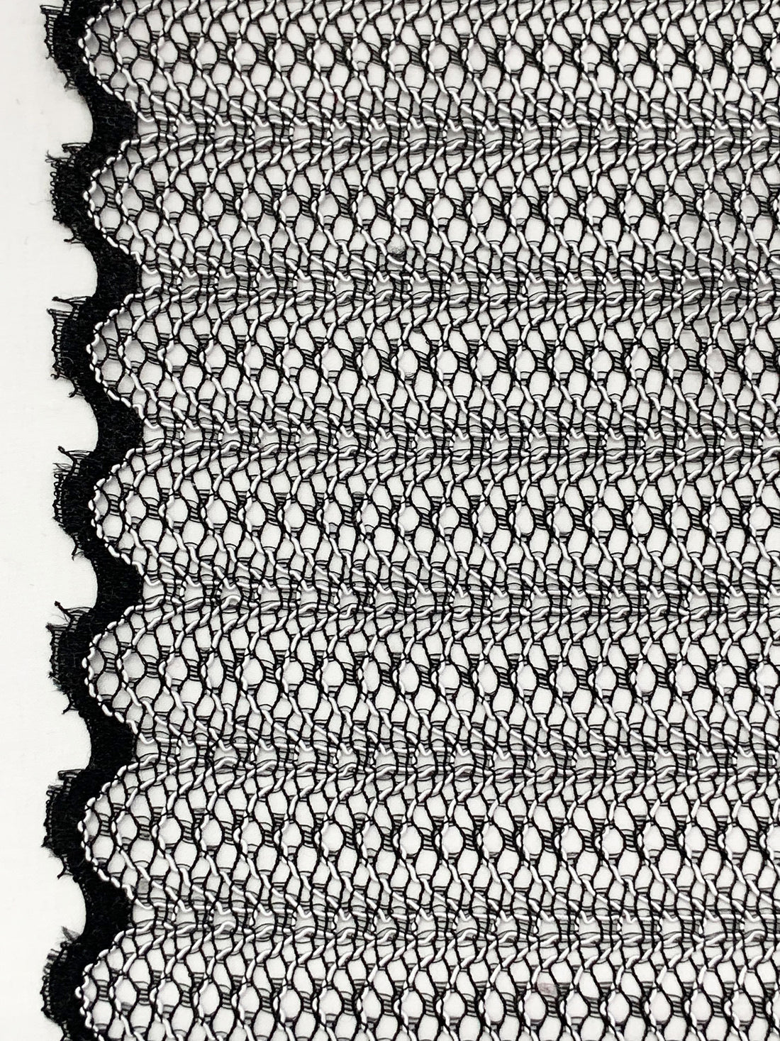 Black/Bright Silver 100% Nylon Double Scalloped Border Novelty Corded Lace 53W