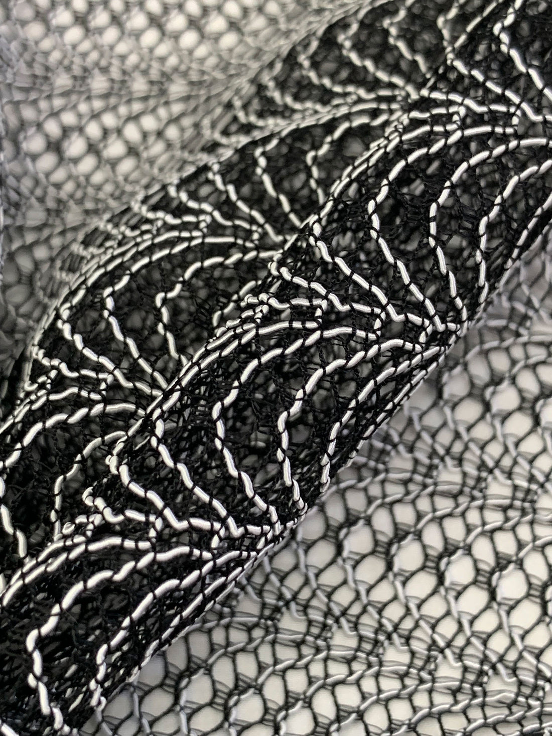 Black/Bright Silver 100% Nylon Double Scalloped Border Novelty Corded Lace 53W