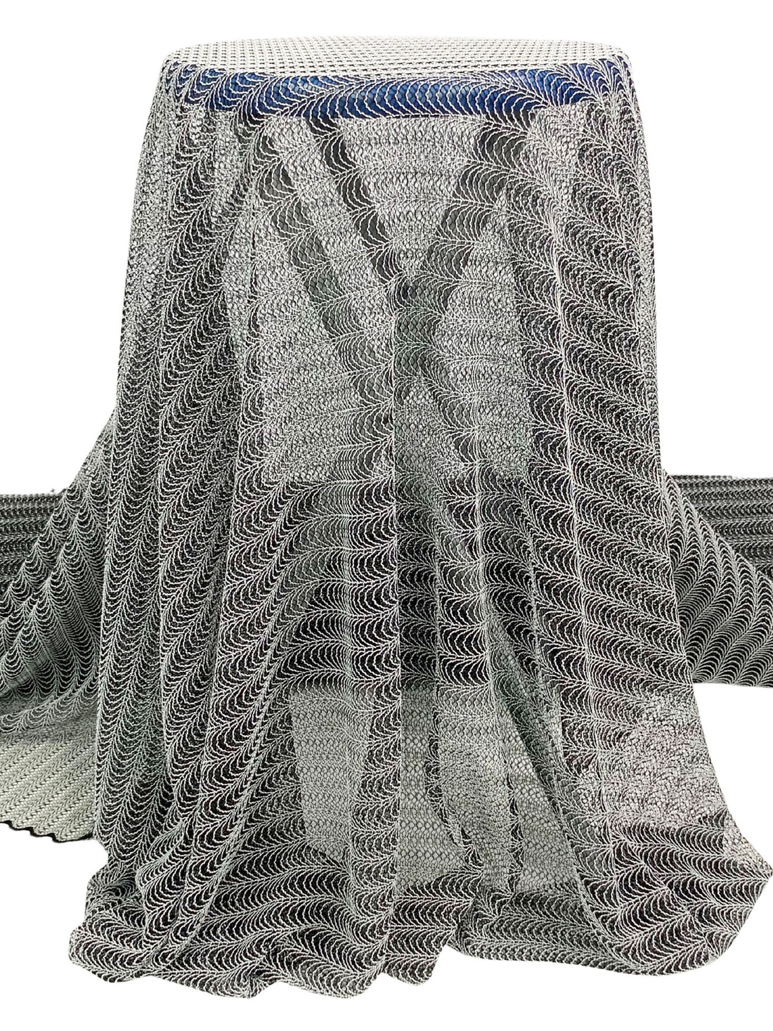 Black/Bright Silver 100% Nylon Double Scalloped Border Novelty Corded Lace 53W