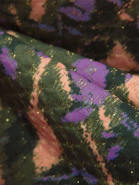 Army Green/Light Salmon/Deep Lilac/Multi Polyester/Metallic/Lycra Painterly Floral Print Honeycomb Weave Knit - NY Designer - 50W