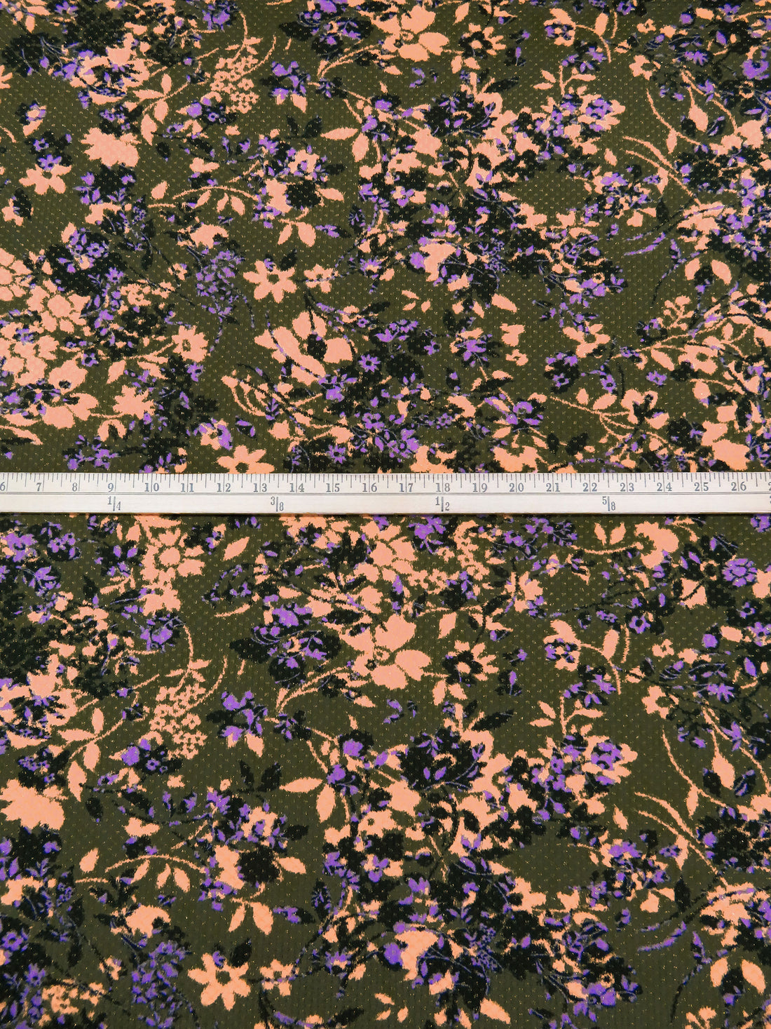 Army Green/Light Salmon/Deep Lilac/Multi Polyester/Metallic/Lycra Painterly Floral Print Honeycomb Weave Knit - NY Designer - 50W