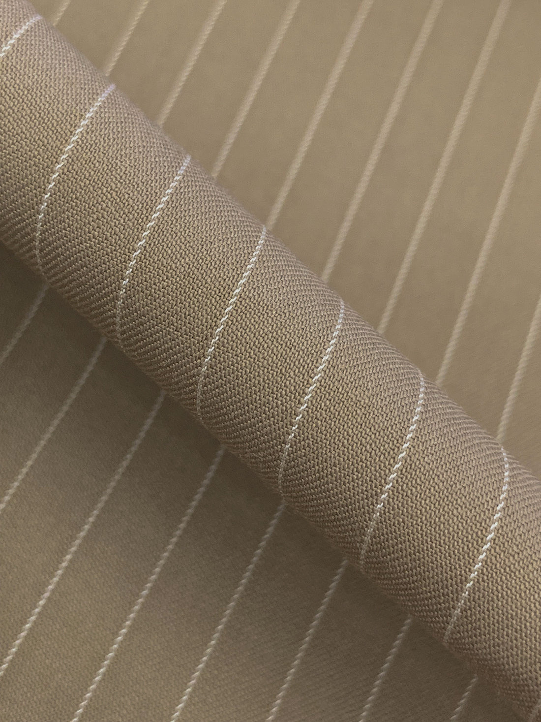 Taupe/White Wool/Polyester/Lycra Vertical Pinstripe Stretch Suiting - NY Designer - 56W