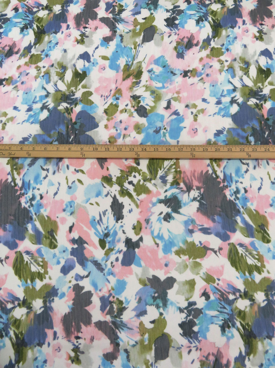 Sky Blue/Old Moss Green/White/Multi 100% Polyester Painterly Floral Print Crinkle Chiffon - Imported From Italy - 57W