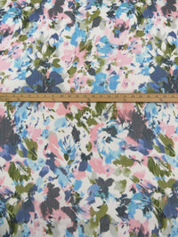 Sky Blue/Old Moss Green/White/Multi 100% Polyester Painterly Floral Print Crinkle Chiffon - Imported From Italy - 57W