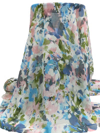 Sky Blue/Old Moss Green/White/Multi 100% Polyester Painterly Floral Print Crinkle Chiffon - Imported From Italy - 57W
