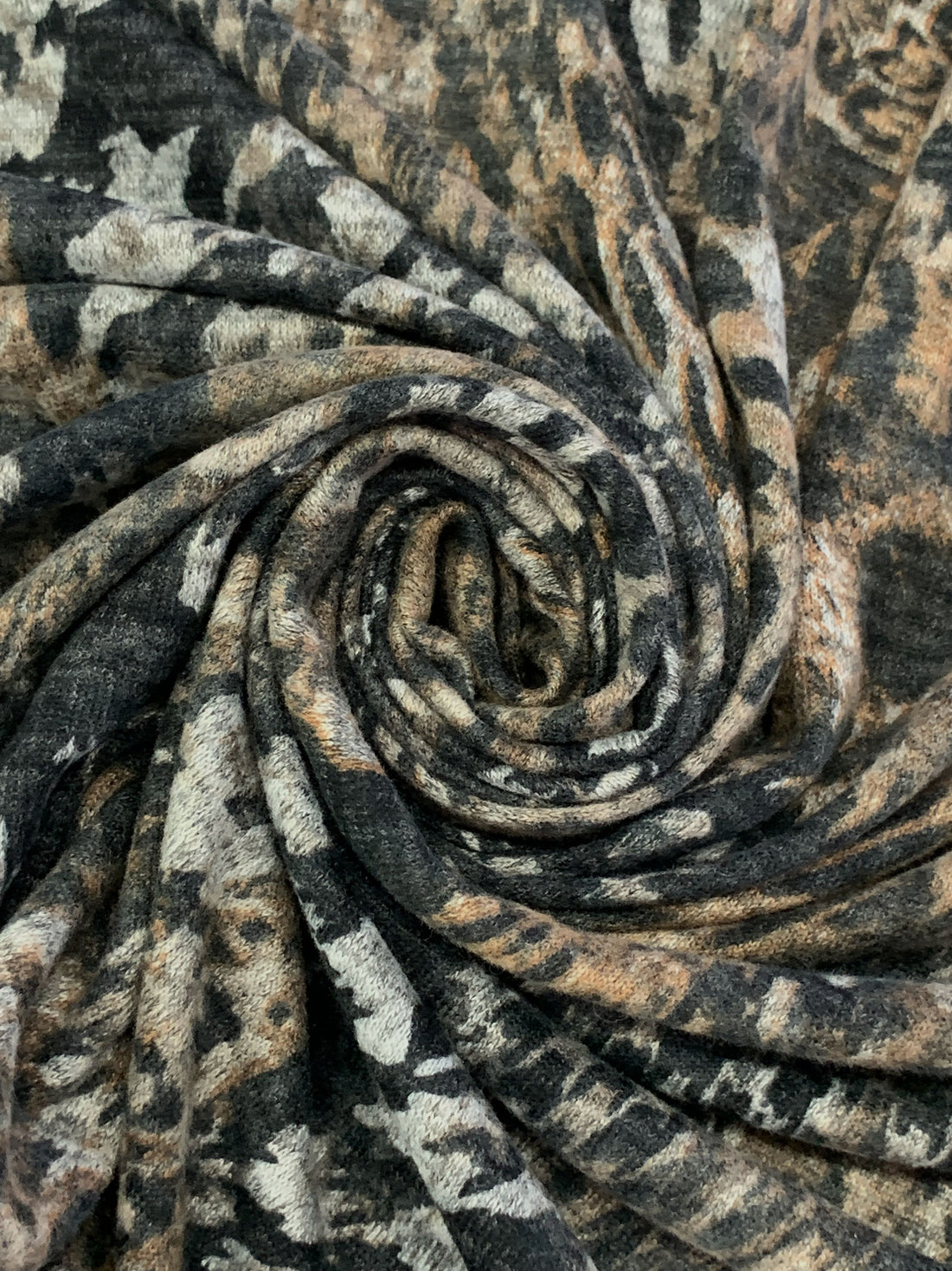 Shadow Brown/Light Gray/Black Polyester/Lycra Warped Houndstooth Animal Print Brushed Hacci Sweater Knit 57W