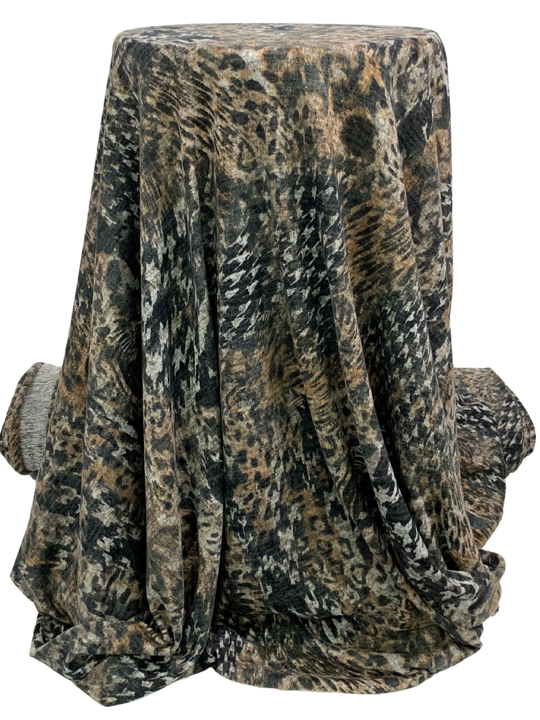 Shadow Brown/Light Gray/Black Polyester/Lycra Warped Houndstooth Animal Print Brushed Hacci Sweater Knit 57W