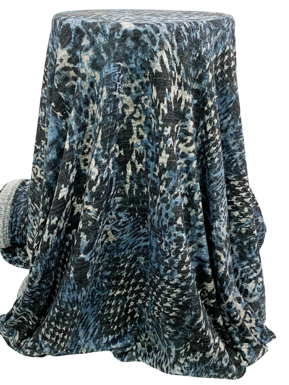 Air Force Blue/Light Gray/Black Polyester/Lycra Warped Houndstooth Animal Print Brushed Hacci Sweater Knit 57W