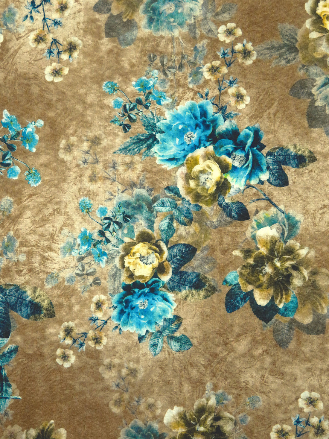 Coyote Brown/Vivid Caribbean Blue/Old Gold/Multi 100% Cotton Floral Print Lawn 42W