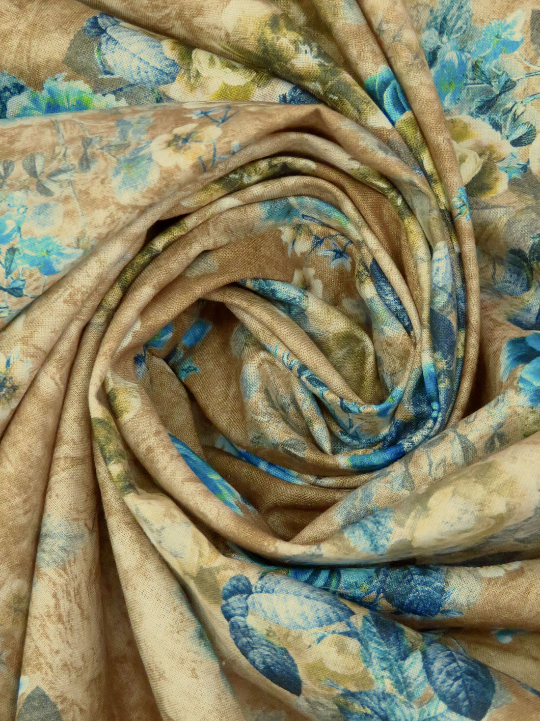 Coyote Brown/Vivid Caribbean Blue/Old Gold/Multi 100% Cotton Floral Print Lawn 42W