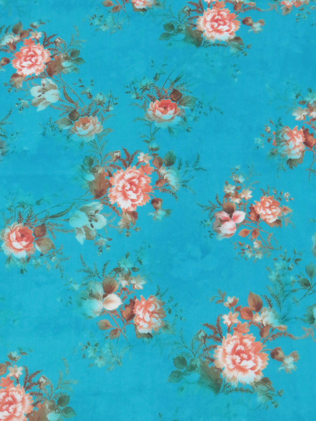 Bright Cerulean Blue/Salmon/Cedar Brown/Multi 100% Cotton Floral Bunches Print Lawn 42W