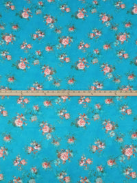 Bright Cerulean Blue/Salmon/Cedar Brown/Multi 100% Cotton Floral Bunches Print Lawn 42W